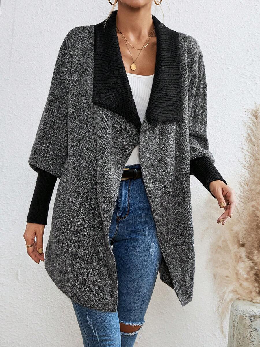 SHEIN Essnce Cổ áo thác nước tay cánh Áo len Duster - màu đen - Xem 1