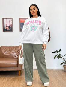 SHEIN EZwear Hơn Đồ họa Chữ cái Thả vai Áo nỉ - trắng - Xem 3