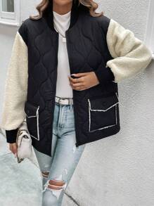 SHEIN LUNE 对比色泰迪袖棒球领绗缝棉服外套冬季 - 黑色 - 查看 5