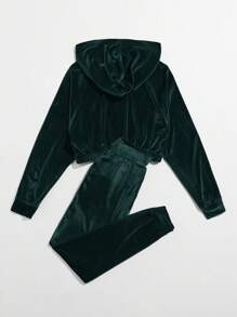 SHEIN EZwear Nhung Áo Zip Up Hoodie & Eo dây rút Quần thể thao - Màu xanh lá cây đậm - Xem 2