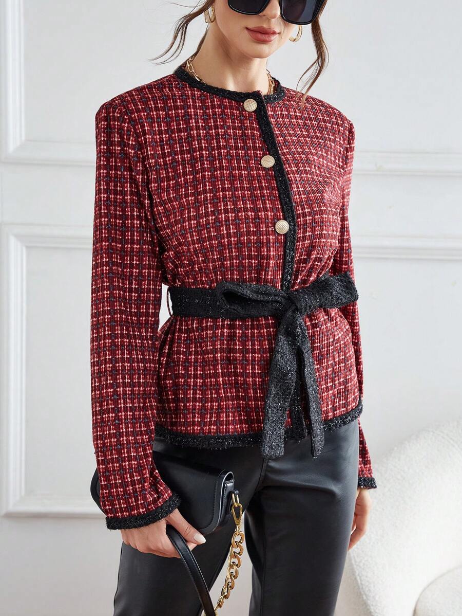 SHEIN Privé 格紋圖案撞色滾邊腰帶粗花呢夾克 - 紅色 - 查看 1