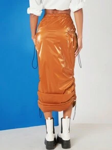 Hauture Drawstring Side Ruched Skirt - Rust Brown - View 2