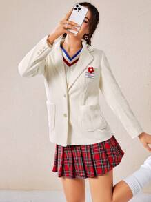 SHEIN EZwear Letter Patched Detail Pocket Front Corduroy Blazer