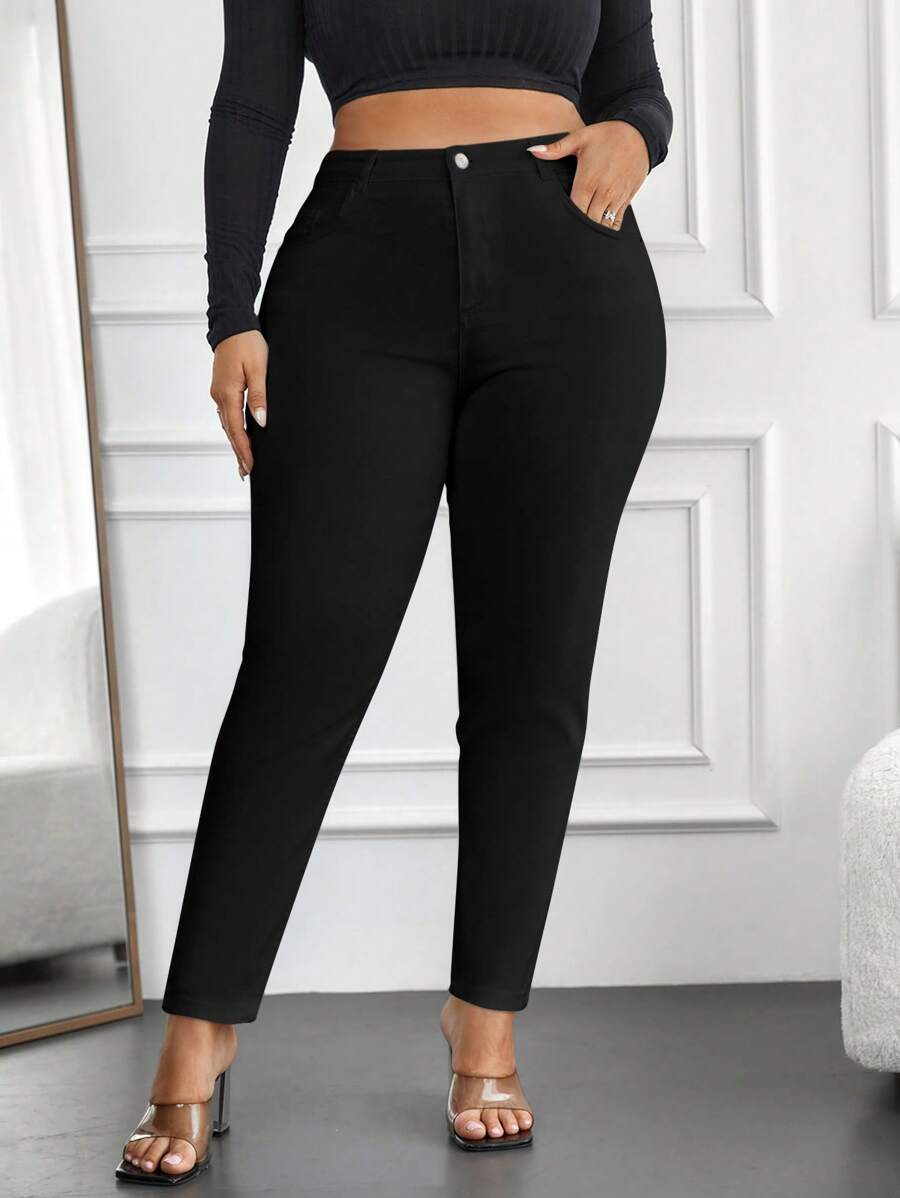 EURMUSE Plus Size High Waist Skinny Jeans - Black - View 1