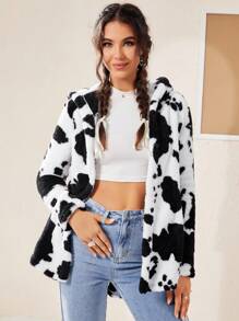 SHEIN EZwear Hình con bò Thiết kế tai 3D áo có mũ Lông cừu áo - Đen và trắng - Xem 3