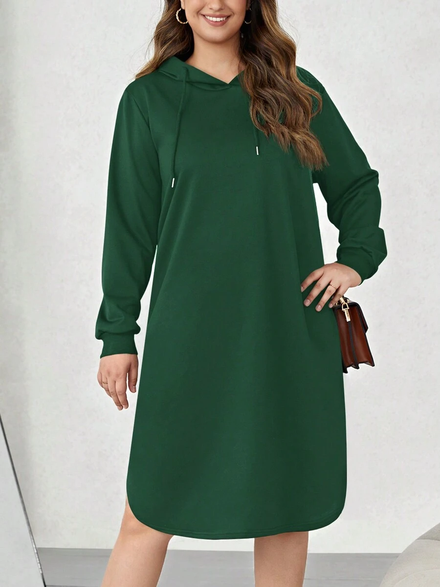 SHEIN LUNE Đầm nỉ dáng rộng vai rớt có dây rút - màu xanh lá - Xem 1