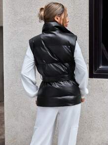 SHEIN Essnce Zip Up Belted Vest Padded Coat - Black - View 2