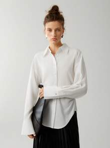 Solid Ruched Button Front Drop Shoulder Shirt Fall Cloth For Women - White - View 4
