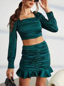 SHEIN Privé de cuello cuadrado Top crop & fruncido bajo con fruncido Falda