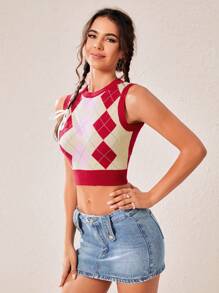 SHEIN EZwear Argyle Pattern Crop Sweater Vest
