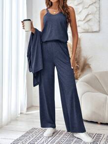 SHEIN LUNE Solid Cami Top & Pants & Open Front Coat - Navy Blue - View 3
