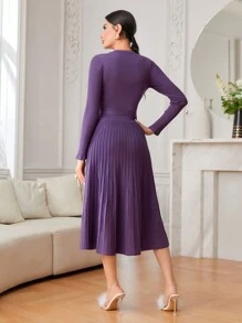 Modelyn Surplice Neck Belted Sweater Dress - Purple - View 2