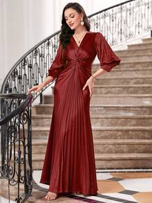 Twist Front Pleated Hem Satin Dress - Red - View 5