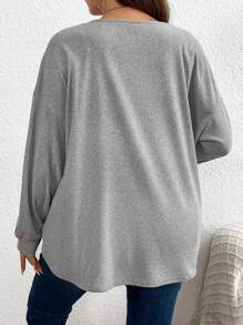 SHEIN LUNE Plus Size Women Christmas  Casual Shiny Ribbed Round Neck Long Sleeve Button Design T-Shirt, Fashionable For Autumn And Winter T-Shirt