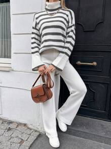 SHEIN Cottnline Striped Pattern Turtleneck Drop Shoulder Sweater & Knit Pants - Multicolor - View 5