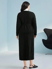 Mulvari Plus Cable Knit Drop Shoulder Belted Cardigan & Knit Skirt - Black - View 2
