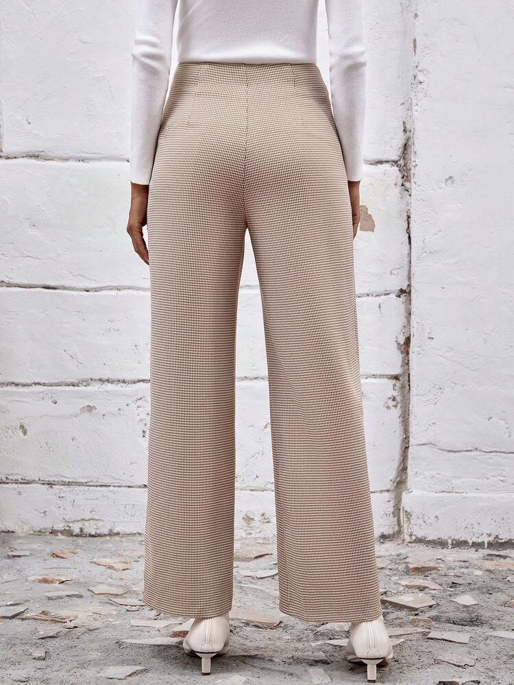 Houndstooth Print Button Detail Wide Leg Pants Fall Cloth For Women