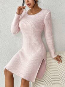 SHEIN Essnce Split Thigh Sweater Dress - Pink - View 3
