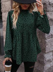 SHEIN LUNE 斑点狗印花荷叶边袖荷叶边衬衫 荷叶边上衣 - 綠色 - 查看 6