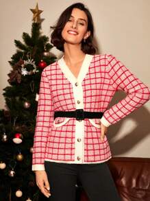 SHEIN Frenchy 聖誕格紋圖案前紐扣開襟衫不附腰帶 - 紅白色 - 查看 7