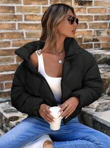 RueChic Solid Zip Up Puffer Coat - Black - View 3