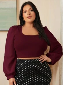 SHEIN Privé 大碼方領燈籠袖T恤 - 酒紅色 - 查看 5