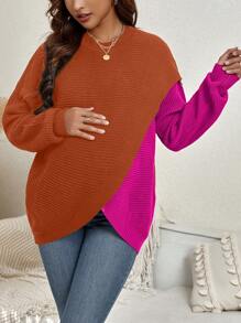 SHEIN Maternity Two Tone Drop Shoulder Asymmetrical Hem Sweater, For Winter - Orange - View 5