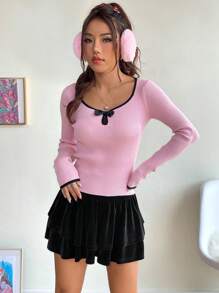 SHEIN MOD Tương phản ràng buộc Cắt ra Nơ mặt trước Áo len - Hồng - Xem 4