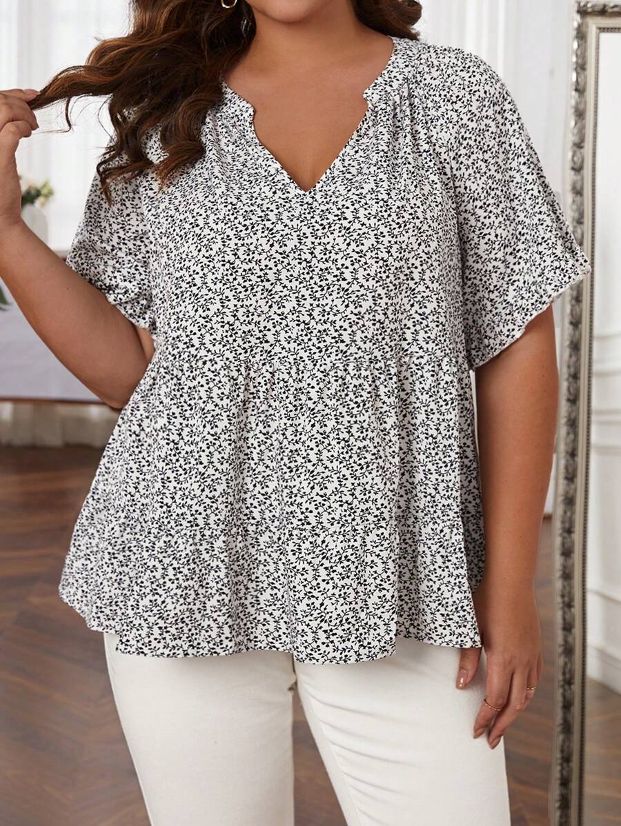 EMERY ROSE Plus Ditsy Floral Print Notched Neckline Peplum Blouse - White - View 1