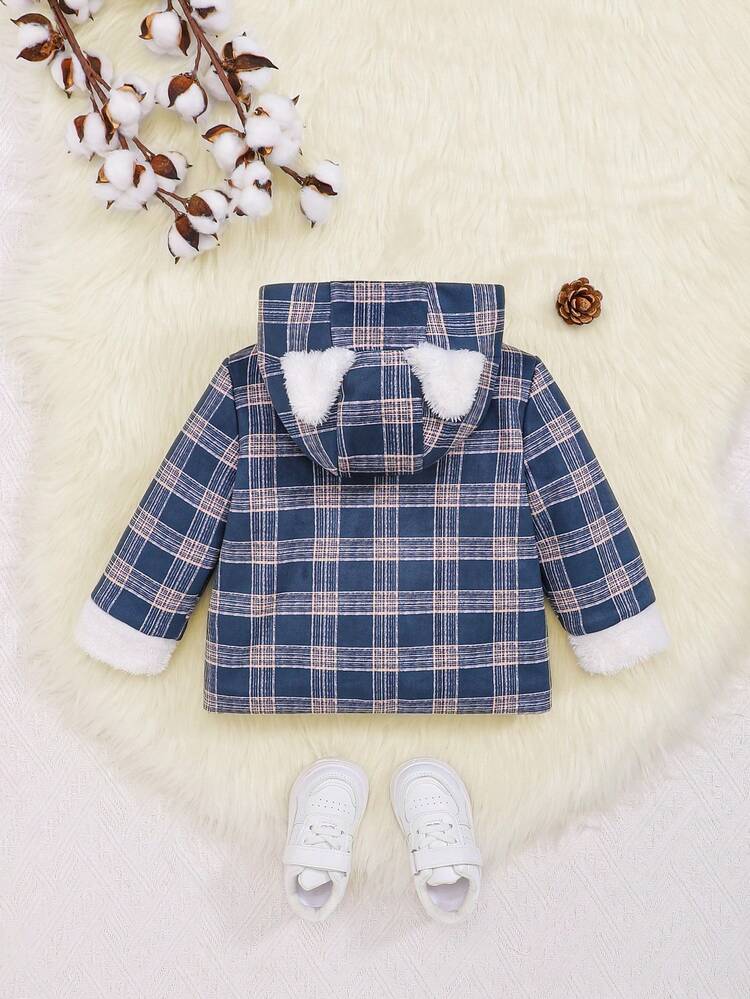 Baby Boy Plaid Teddy Lined 3D Ear Design Hooded Coat Without Sweater