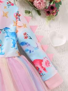 SHEIN 女小童恐龍印花網紗邊洋裝 - 粉色 - 查看 3