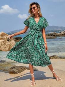 SHEIN Cottnline 女士花卉印花連身裙配腰帶 - 綠色 - 查看 3
