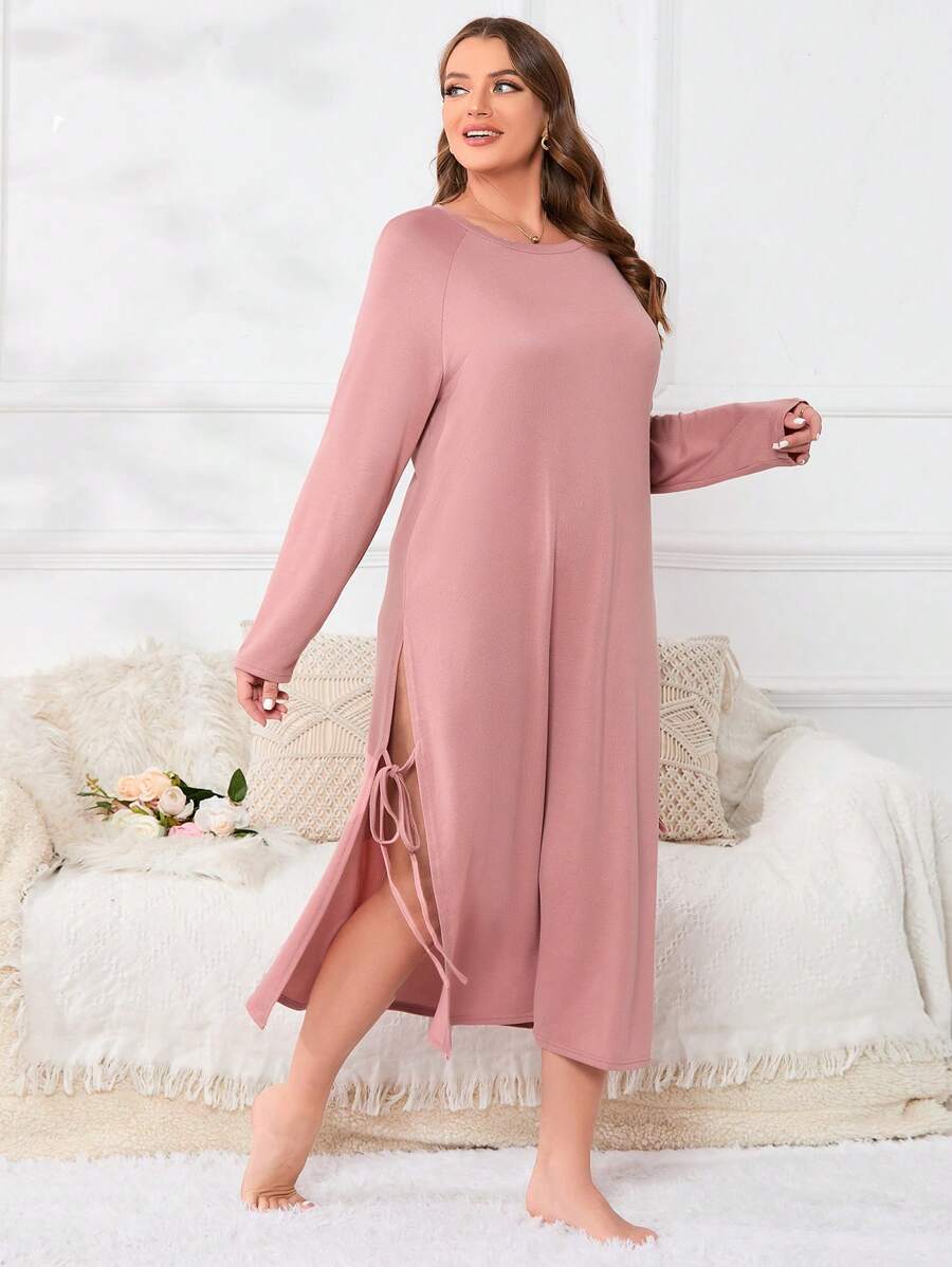 Talla grande Vestido de dormir de manga raglán con nudo lateral bajo con abertura - Rosa vieja - Ver 1