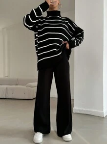RueChic Striped Pattern Drop Shoulder Sweater & Flare Leg Knit Pants - Black and White - View 4