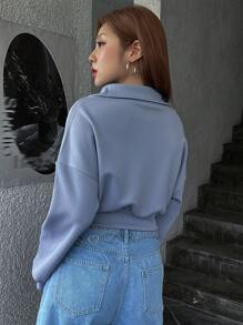 Dazy Designer Letter & Cartoon Graphic Drop Shoulder Crop Sweatshirt,Fall Clothes - Blue - View 2
