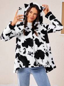 SHEIN EZwear Hình con bò Thiết kế tai 3D áo có mũ Lông cừu áo - Đen và trắng - Xem 1