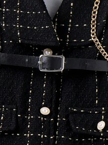 SHEIN 女小童小高領T恤和格紋印花繫腰帶洋裝 - 黑色 - 查看 6