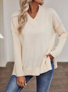 SHEIN Unity Suéter de punto con hombros caídos y bajo con abertura para otoño e invierno - Albaricoque - Ver 3