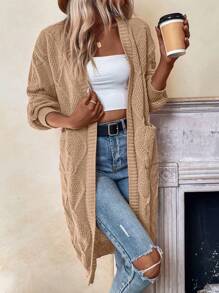 SHEIN Frenchy Dual Pocket Drop Shoulder Duster Cardigan - Camel - View 3