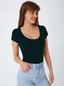 Cottnline 素色大圓領T恤 - 綠色 - 查看 3