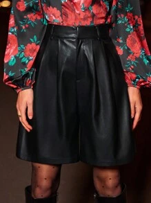 SHEIN Frenchy 高腰褶皺PU皮革百慕大短褲 - 黑色 - 查看 4