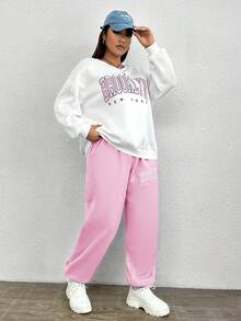 SHEIN EZwear 大碼字母圖案落肩袖衛衣和衛褲 - 粉色 - 查看 4