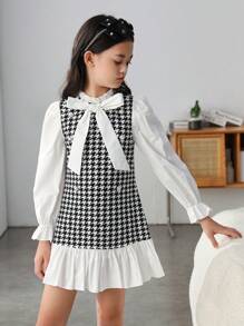 Cô gái Tween In Houndstooth tay áo lá sen Xù Hoa Sen Đầm - Đen và trắng - Xem 1