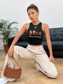 SHEIN EZwear 休閒簡約聖誕圖案修身短款背心，適用於夏季 - 黑色 - 查看 6