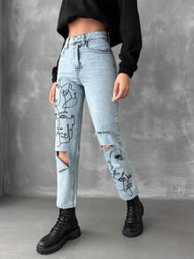 EURMUSE Women's Abstract Figure Print Distressed Denim Jeans - Blue - View 3