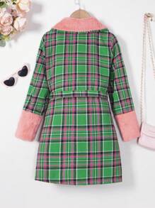 SHEIN Tween Girl 1pc Plaid Print Borg Collar Double Breasted Belted Overcoat - Green - View 2