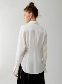 Solid Ruched Button Front Drop Shoulder Shirt Fall Cloth For Women - White - View 2