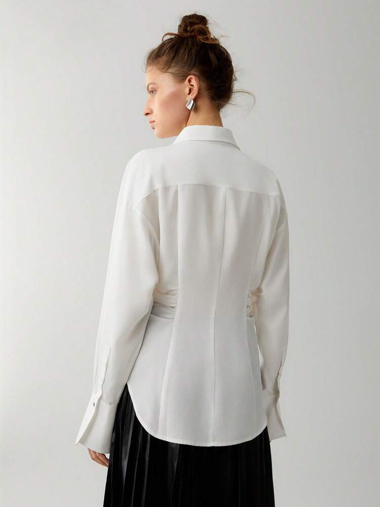 Solid Ruched Button Front Drop Shoulder Shirt Fall Cloth For Women