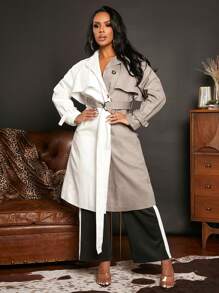 SHEIN SXY Two Tone Button Front Belt Trench Coat - Multicolor - View 3