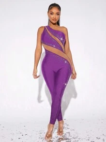 SHEIN SXY 單肩水鑽嵌入網紗彈力緊身連體褲 - 紫色 - 查看 4